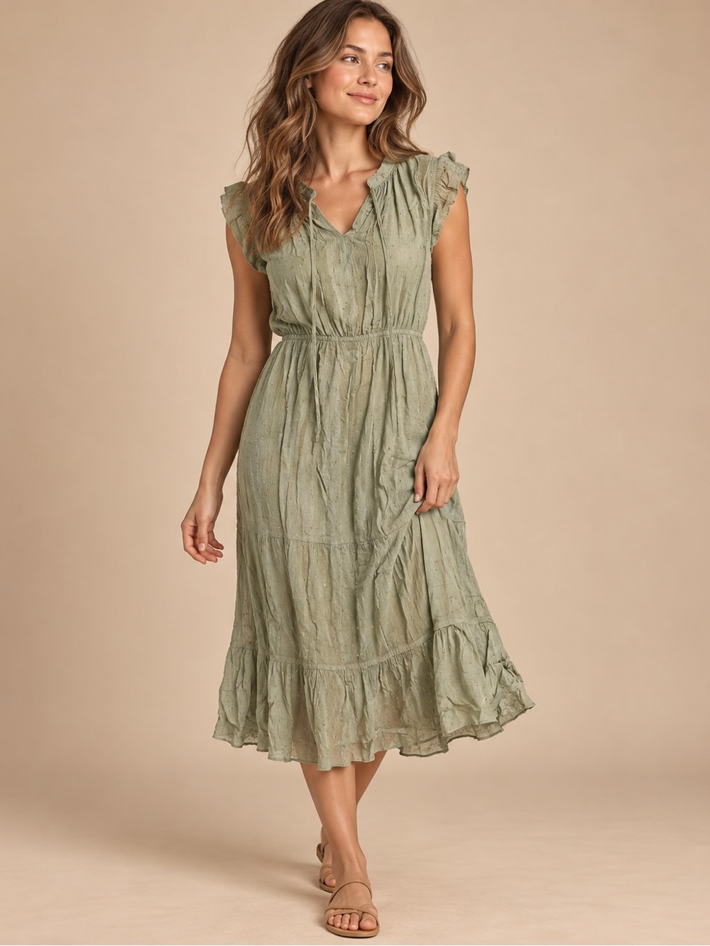 Kori America Sage Green Swiss Dot Ruffle Boho Midi Dress L